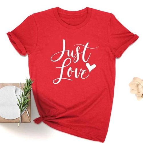 Load image into Gallery viewer, Just Love Heart Stylish Cotton Christian Statement Shirt-unisex-wanahavit-red tee white text-XXXL-wanahavit
