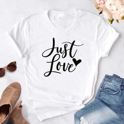 Load image into Gallery viewer, Just Love Heart Stylish Cotton Christian Statement Shirt-unisex-wanahavit-white tee black text-XXXL-wanahavit
