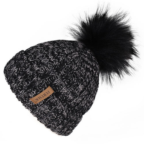 Load image into Gallery viewer, Fleece Lined Soft Pom Pom Fur Casual Warm Knitted Winter Beanie-women-wanahavit-black grey-wanahavit
