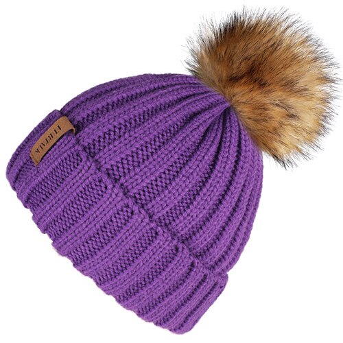 Fleece Lined Soft Pom Pom Fur Casual Warm Knitted Winter Beanie-women-wanahavit-dark purple-wanahavit