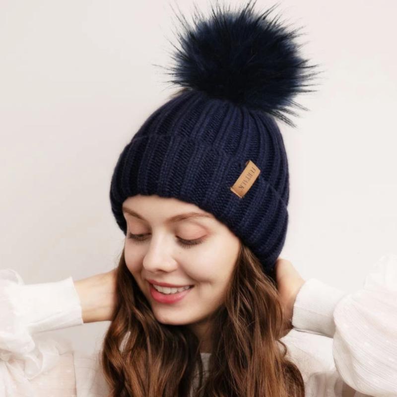 Fleece Lined Soft Pom Pom Fur Casual Warm Knitted Winter Beanie-women-wanahavit-Fog gray 2-wanahavit