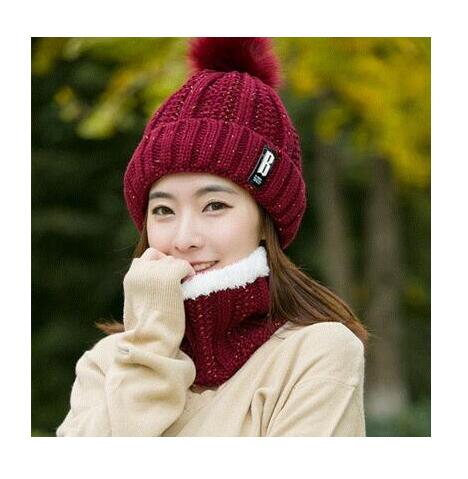 B Letter Outdoor Casual Warm Knitted Winter Beanie-women-wanahavit-Red wine hat scarf-wanahavit