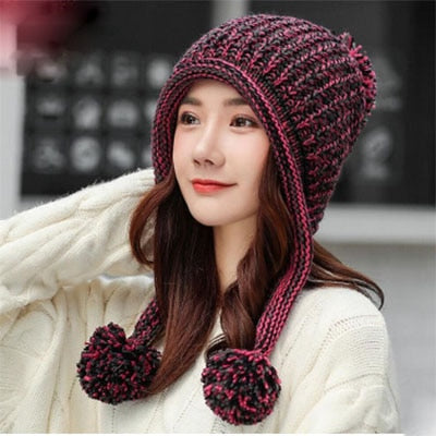 Cable Knit Peruvian Earflap Casual Warm Knitted Winter Beanie-women-wanahavit-rose red black-wanahavit