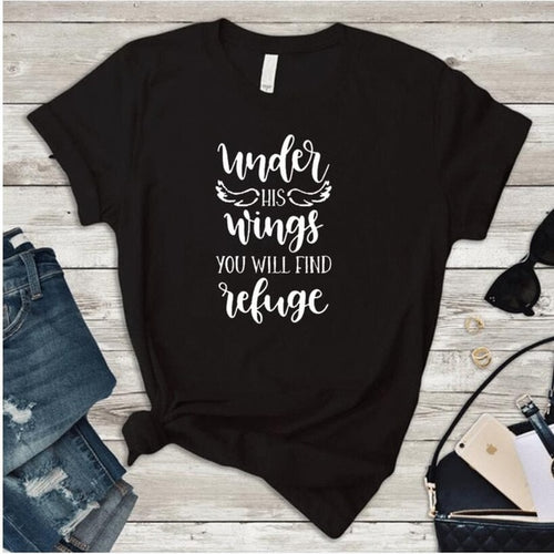 Load image into Gallery viewer, Under His Wings You Will Find Refuge Christian Statement Shirt-unisex-wanahavit-black tee white text-S-wanahavit
