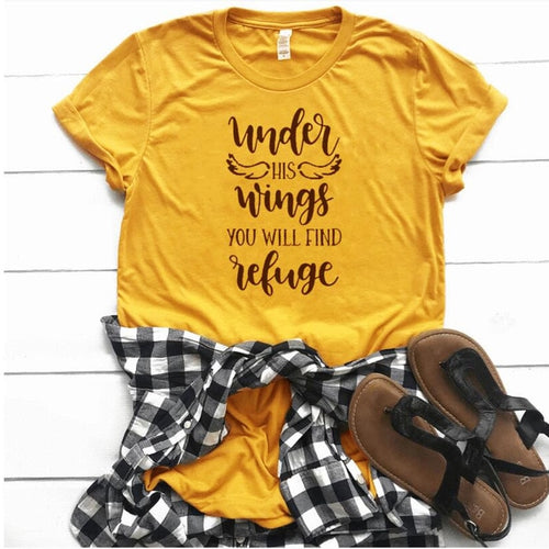 Load image into Gallery viewer, Under His Wings You Will Find Refuge Christian Statement Shirt-unisex-wanahavit-gold tee black text-L-wanahavit
