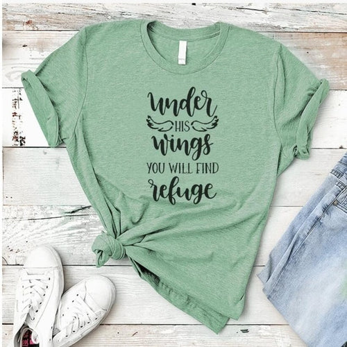 Load image into Gallery viewer, Under His Wings You Will Find Refuge Christian Statement Shirt-unisex-wanahavit-olive tee black text-XXXL-wanahavit
