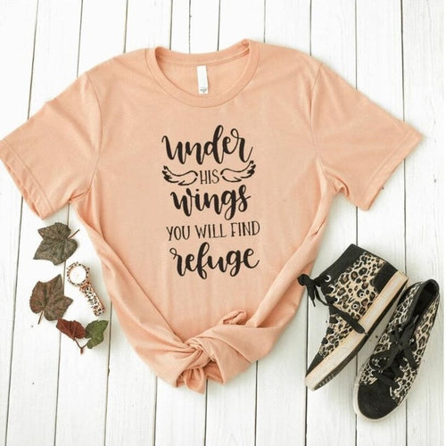 Load image into Gallery viewer, Under His Wings You Will Find Refuge Christian Statement Shirt-unisex-wanahavit-peach tee black text-L-wanahavit
