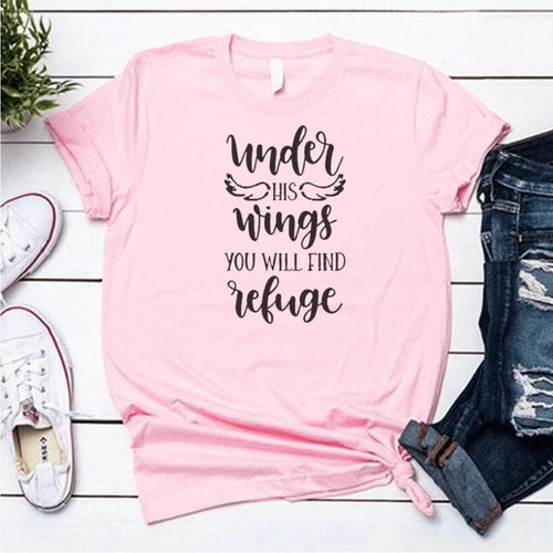 Load image into Gallery viewer, Under His Wings You Will Find Refuge Christian Statement Shirt-unisex-wanahavit-pink tee black text-S-wanahavit
