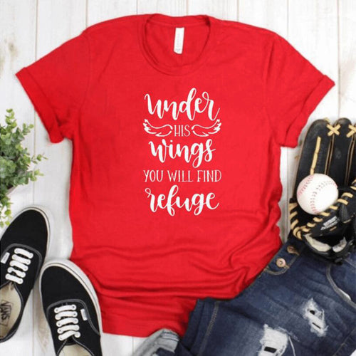 Load image into Gallery viewer, Under His Wings You Will Find Refuge Christian Statement Shirt-unisex-wanahavit-red tee white text-L-wanahavit
