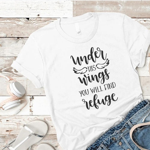 Load image into Gallery viewer, Under His Wings You Will Find Refuge Christian Statement Shirt-unisex-wanahavit-white tee black text-S-wanahavit
