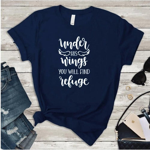 Load image into Gallery viewer, Under His Wings You Will Find Refuge Christian Statement Shirt-unisex-wanahavit-nave blue-white txt-L-wanahavit
