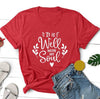 red tee white text