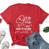 red tee white text