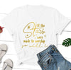 white tee gold text