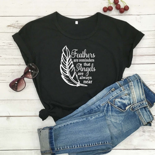 Load image into Gallery viewer, Feathers Are Reminders That Angels Are Alway Near Christian Statement Shirt-unisex-wanahavit-black tee white text-XL-wanahavit
