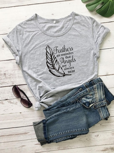 Load image into Gallery viewer, Feathers Are Reminders That Angels Are Alway Near Christian Statement Shirt-unisex-wanahavit-peach tee black text-XXXL-wanahavit
