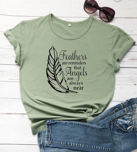 Feathers Are Reminders That Angels Are Alway Near Christian Statement Shirt-unisex-wanahavit-olive tee black text-XXXL-wanahavit