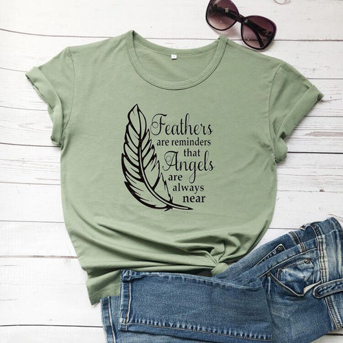 Load image into Gallery viewer, Feathers Are Reminders That Angels Are Alway Near Christian Statement Shirt-unisex-wanahavit-olive tee black text-XXXL-wanahavit
