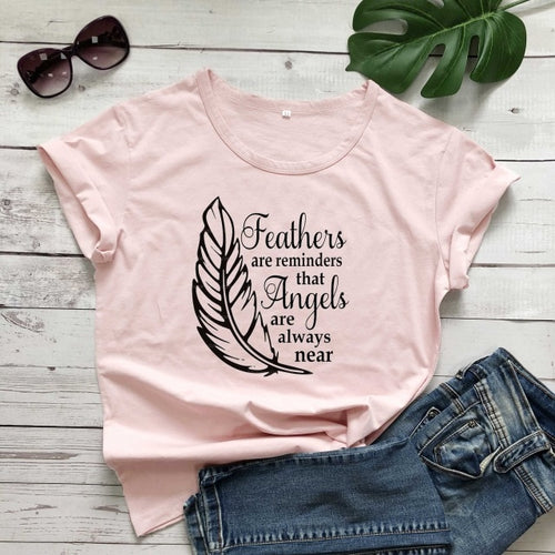 Load image into Gallery viewer, Feathers Are Reminders That Angels Are Alway Near Christian Statement Shirt-unisex-wanahavit-peach tee black text-XXXL-wanahavit
