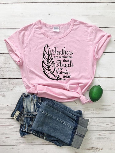 Load image into Gallery viewer, Feathers Are Reminders That Angels Are Alway Near Christian Statement Shirt-unisex-wanahavit-pink tee black text-XXXL-wanahavit
