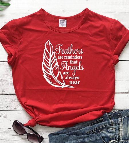 Feathers Are Reminders That Angels Are Alway Near Christian Statement Shirt-unisex-wanahavit-red tee white text-M-wanahavit