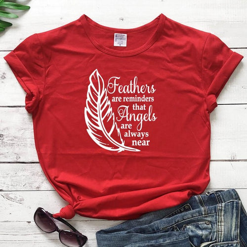 Load image into Gallery viewer, Feathers Are Reminders That Angels Are Alway Near Christian Statement Shirt-unisex-wanahavit-red tee white text-M-wanahavit

