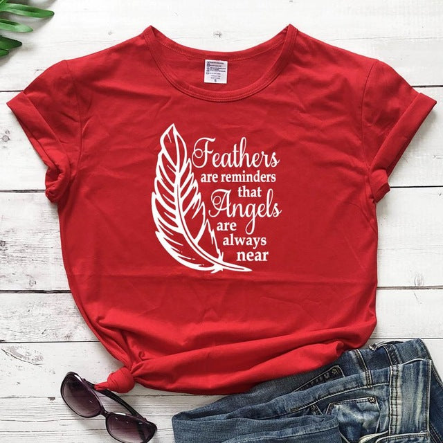 Feathers Are Reminders That Angels Are Alway Near Christian Statement Shirt-unisex-wanahavit-red tee white text-M-wanahavit
