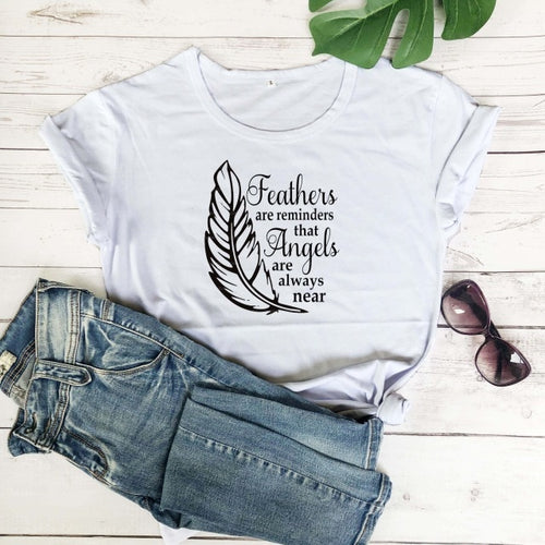Load image into Gallery viewer, Feathers Are Reminders That Angels Are Alway Near Christian Statement Shirt-unisex-wanahavit-white tee black text-XL-wanahavit
