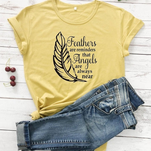 Load image into Gallery viewer, Feathers Are Reminders That Angels Are Alway Near Christian Statement Shirt-unisex-wanahavit-mustard-black text-XXXL-wanahavit
