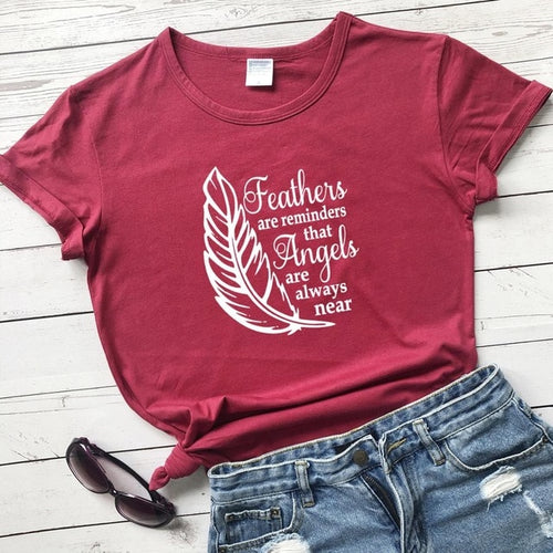 Load image into Gallery viewer, Feathers Are Reminders That Angels Are Alway Near Christian Statement Shirt-unisex-wanahavit-burgundy-white text-XXXL-wanahavit
