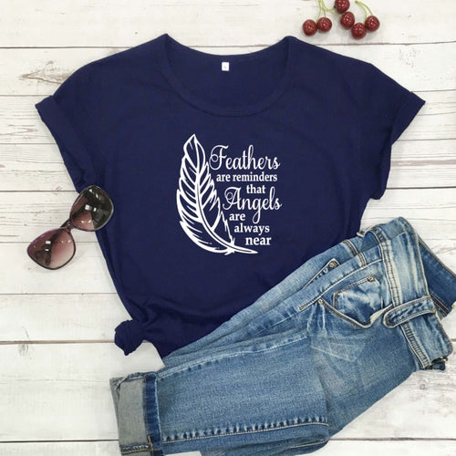 Load image into Gallery viewer, Feathers Are Reminders That Angels Are Alway Near Christian Statement Shirt-unisex-wanahavit-navy blue-white txt-M-wanahavit

