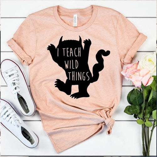 Load image into Gallery viewer, I Teach Wild Things Statement Shirt-unisex-wanahavit-peach tee black text-XL-wanahavit
