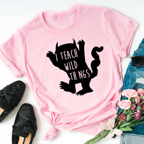 Load image into Gallery viewer, I Teach Wild Things Statement Shirt-unisex-wanahavit-pink tee black text-XXXL-wanahavit
