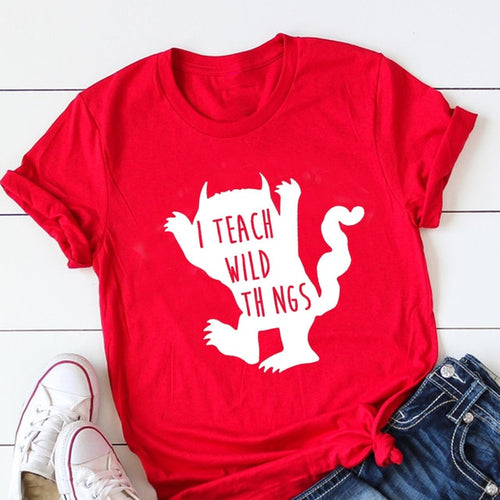 Load image into Gallery viewer, I Teach Wild Things Statement Shirt-unisex-wanahavit-red tee white text-XXXL-wanahavit
