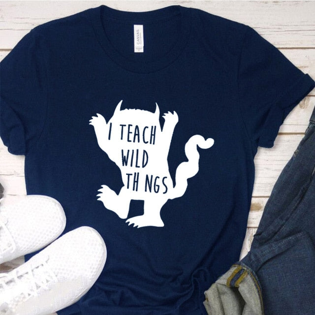 I Teach Wild Things Statement Shirt-unisex-wanahavit-nave blue-white txt-XXXL-wanahavit