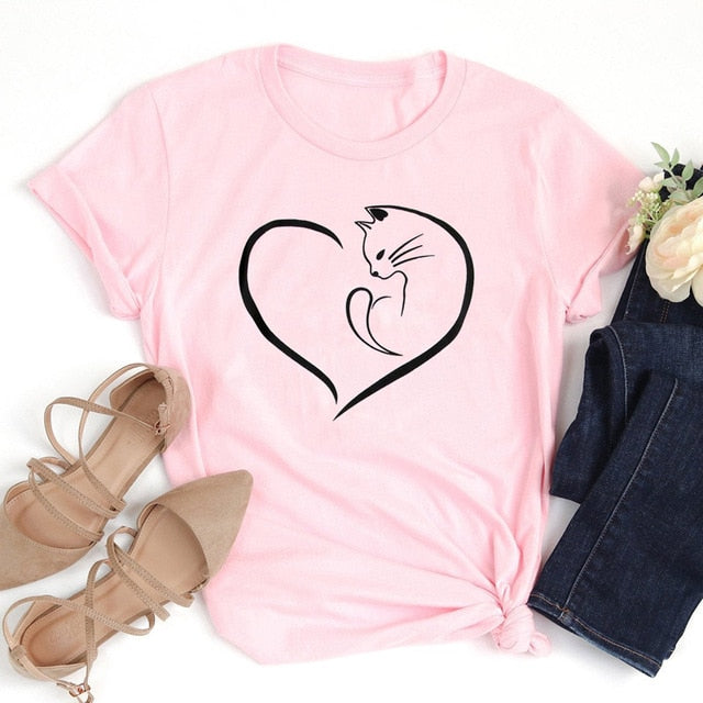 Cat Love Heart Cute Stylish Shirt-unisex-wanahavit-pink tee black text-L-wanahavit