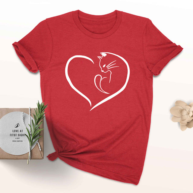 Cat Love Heart Cute Stylish Shirt-unisex-wanahavit-red tee white text-S-wanahavit