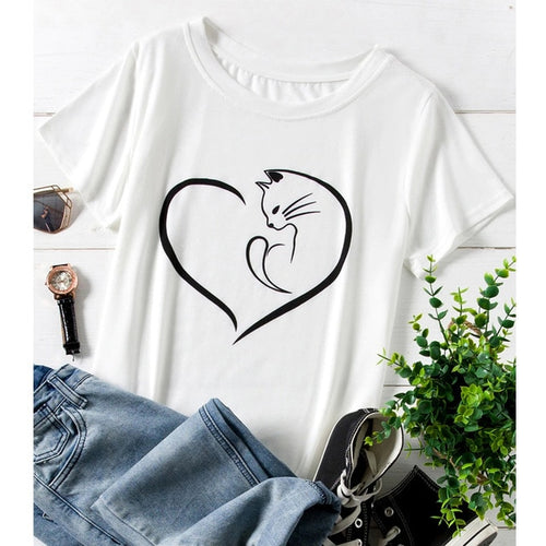 Load image into Gallery viewer, Cat Love Heart Cute Stylish Shirt-unisex-wanahavit-white tee black text-L-wanahavit
