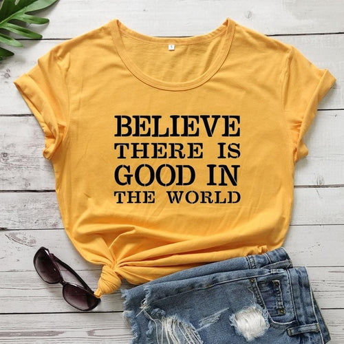 Load image into Gallery viewer, Believe There Is Good In The World Christian Statement Shirt-unisex-wanahavit-gold tee black text-L-wanahavit
