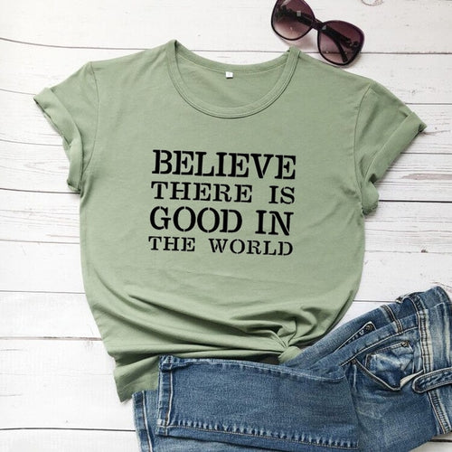 Load image into Gallery viewer, Believe There Is Good In The World Christian Statement Shirt-unisex-wanahavit-olive tee black text-S-wanahavit
