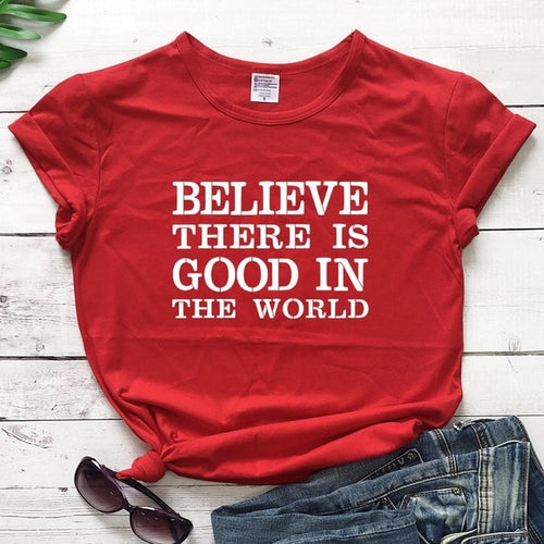 Load image into Gallery viewer, Believe There Is Good In The World Christian Statement Shirt-unisex-wanahavit-red tee white text-XXXL-wanahavit
