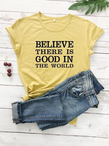 Load image into Gallery viewer, Believe There Is Good In The World Christian Statement Shirt-unisex-wanahavit-mustard-black text-L-wanahavit
