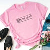 pink tee black text