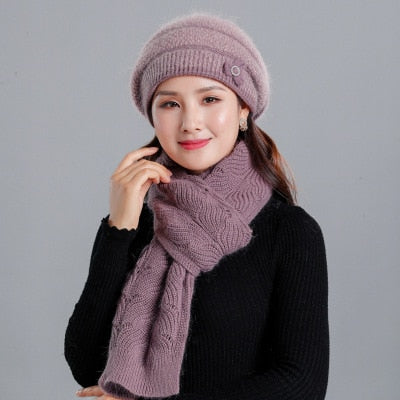 Cashmere Rabbit Beret Hat & Fashion Bow Knot Scarf-women-wanahavit-Leather purple-Single cap-wanahavit