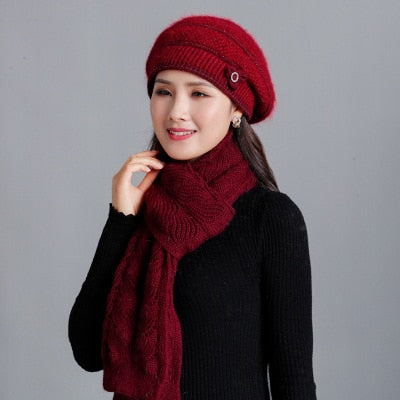 Load image into Gallery viewer, Cashmere Rabbit Beret Hat &amp; Fashion Bow Knot Scarf-women-wanahavit-wine red-Single cap-wanahavit
