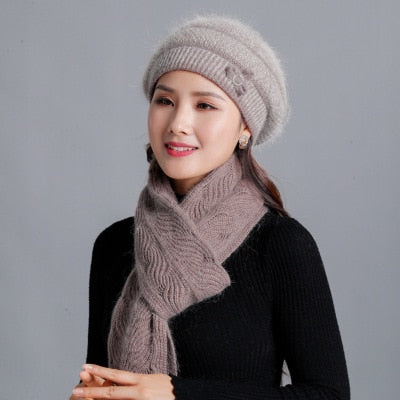 Cashmere Rabbit Beret Hat & Fashion Bow Knot Scarf-women-wanahavit-khaki-Single cap-wanahavit