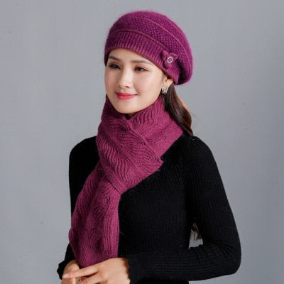 Load image into Gallery viewer, Cashmere Rabbit Beret Hat &amp; Fashion Bow Knot Scarf-women-wanahavit-Dark purple-Single cap-wanahavit
