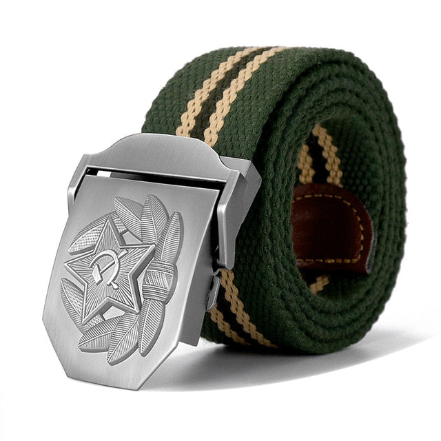 High Quality Belt 3D Soviet Cap Badge Design Canvas Belt-men-wanahavit-Green Stripes-130cm-wanahavit
