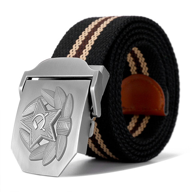 High Quality Belt 3D Soviet Cap Badge Design Canvas Belt-men-wanahavit-Black Stripes-130cm-wanahavit