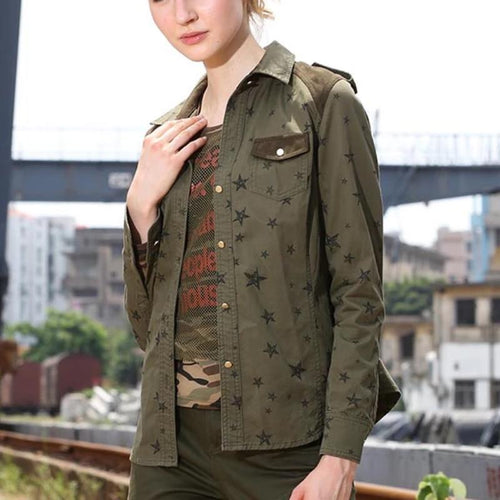 Load image into Gallery viewer, High Quality Military Stars Collared Long Sleeve Shirt-women-wanahavit-Army Green-S-wanahavit
